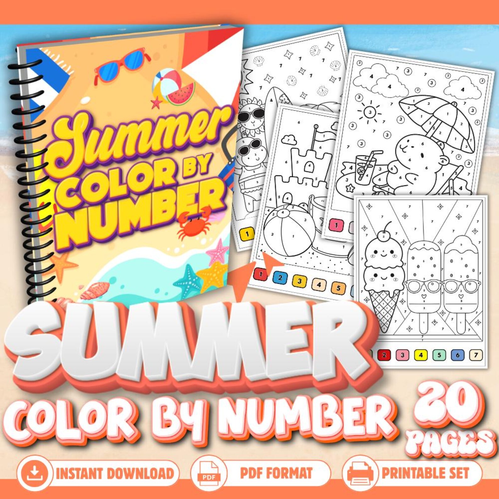 Summer Theme Color by Number - Coloring Pages - Printable PDF - Instant ...