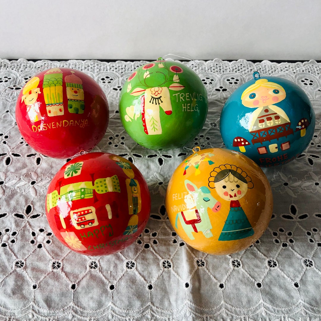 5 Vintage Hand Painted Holiday Ornaments Depicting Different Languages