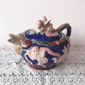 Vintage Aries Astrological Ram And Cherub Ceramic Teapot