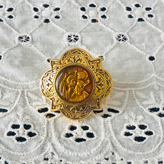 Vintage Vatican Library Saint Gold-tone & Lucite … - image 1