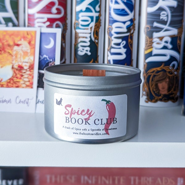 Spicy Book Club Soy Wax Candle, Cinnamon & Spice Scented Candle, Book Lover Gift, Wooden Wick, Glitter topped Candle, Bookish Gift