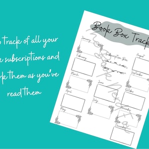 May include: A printable black and white book box tracker with a gray and white background. The tracker has a title that says "Book Box Tracker" and includes a space for each month of the year. The tracker also includes a space for "Subscription Box".