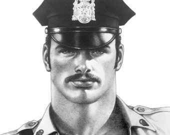 May include: A black and white drawing of a man wearing a police officer's uniform. He is wearing a hat with a badge that says "Police Corps". His shirt is unbuttoned and his chest is exposed. The drawing is signed "Tom - 84".