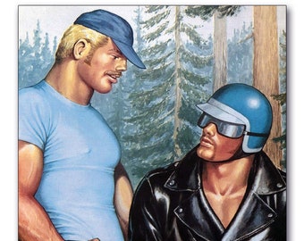May include: Two men standing in a forest setting. The man on the left is wearing a blue shirt, yellow pants, and a blue baseball cap. The man on the right is wearing a black leather jacket, black pants, and a blue helmet.