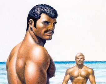 May include: Two men standing in the ocean, one with dark hair and a mustache, the other with blond hair. The man with dark hair is facing the viewer, while the man with blond hair is facing away from the viewer. The water is a light blue color and the sky is a light blue color.