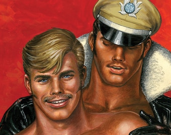 May include: Two men, one wearing a tan military-style hat with a black brim and the other with short blond hair, are embracing. The man in the hat is wearing a black leather jacket with a white fur collar. The man with blond hair is smiling.
