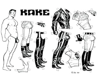 May include: Black and white paper doll set with the word "KOBE" at the top. The set includes a shirtless man, a leather jacket, a police uniform, a pair of jeans, a pair of boots, and a pair of chaps.