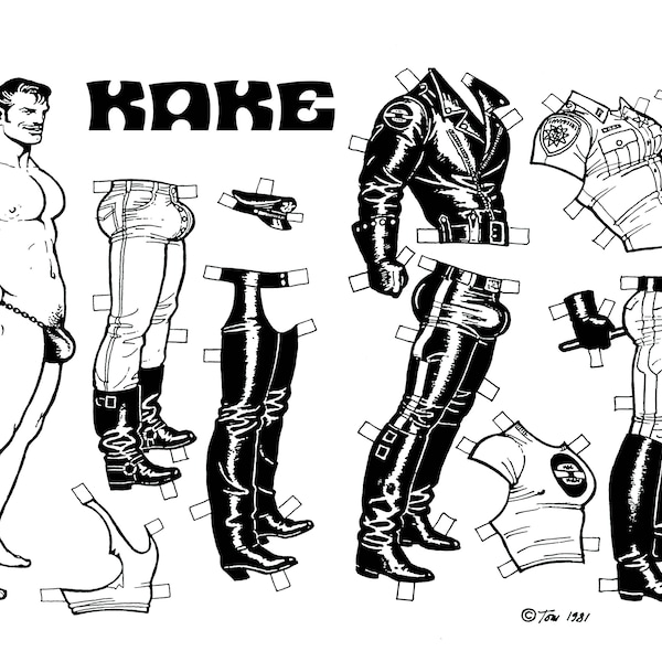 Póster de Tom of Finland "KAKE Paper Doll" (arte gay, queer, hombres de cuero)