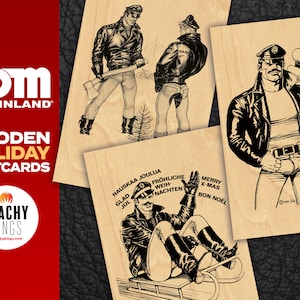 Cartes postales en bois Tom of Finland pour les fêtes (gays, cartes de Noël, pantalons en cuir, hommes)