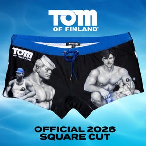 May include: Black square cut swim trunks featuring the Tom of Finland logo and graphic illustrations of muscular figures. The trunks have a bright blue waistband with a matching drawstring, a size small tag, and the text Official 2026 Square Cut.
