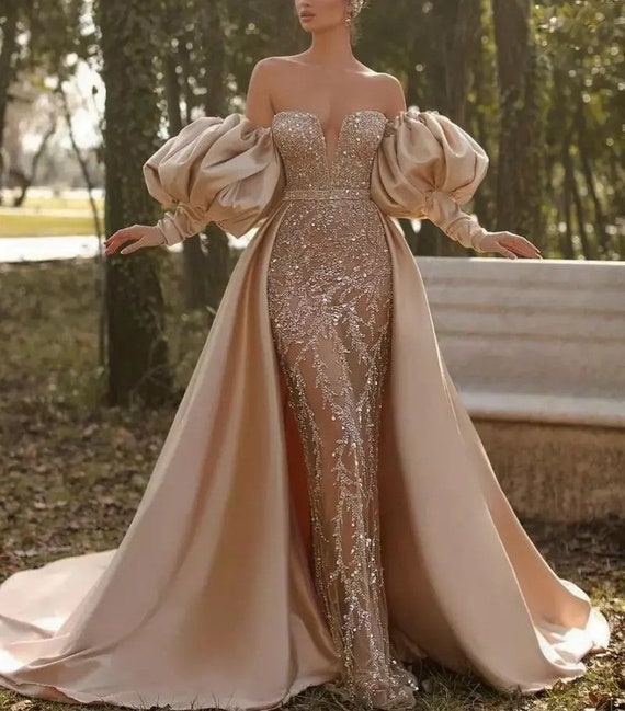 Gold Two-Pieces Sequin Spaghetti Straps V-neck Backless Prom Dresses, –  OkBridal