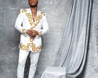 Men's white suit, men's attire, White embroidery suit , wedding suit