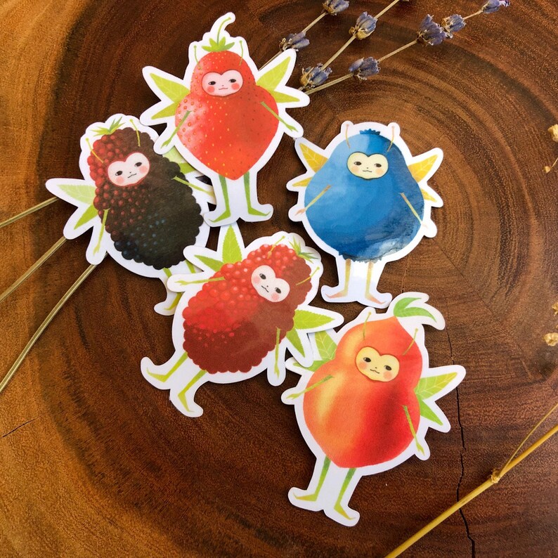 Pu&ograve; includere: Cinque adesivi colorati con personaggi dei cartoni animati con le ali. I personaggi sono una fragola, un lampone, un mirtillo, un ribes nero e una pesca. Ogni personaggio ha un viso carino da cartone animato ed &egrave; raffigurato con le ali.