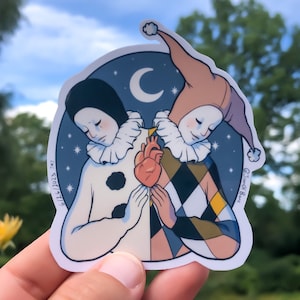Adesivo de palhaço apaixonado / Pierrot / Arlequim / Papelaria caprichosa / Adesivo brilhante grande / Presente de teatro ou circo