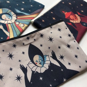 Whimsical Pierrot Pouch / Harlequin Pencil Case / Cosmic Clown Makeup Bag / Rainbow Clown / Clowncore Zipper Bag