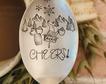 CHEERS! - hand stamped, vintage, silver plated, table spoon, gnome, holiday theme, stocking stuffer, gift, present, coffee, eco friendly