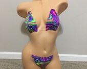 Exotic Dancewear, Stripper Outfits, Bikini, Exotic Dance wear, Sexy, Exoticwear, Neon Multicolored, Clear String, 2 Piece Set. O S