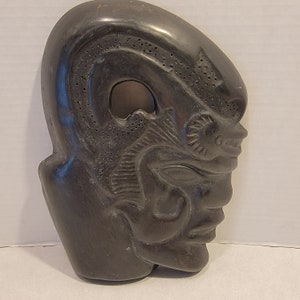 Vintage Oaxaca Mexico Black Pottery Mask Folk Art Face Tribal Aztec Mayan Wall Hanging
