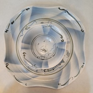 Handmade Pottery Blue Fish Chip Dip Set 13&quot; Round Tray Bowl Signed Platter Plate