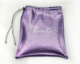 Personalized Gymnastics Grip Bag with name on glitter vinyl and Swarovski crystals. Made in Canada