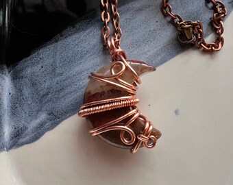 Copper Wire Wrapped Jasper Crescent Moon Pendant