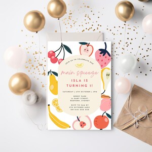 Notre carte principale à presser, invitation d'anniversaire de fruits, invitation de fête de fruits pour enfants, modèle modifiable sur toile, téléchargement immédiat imprimable