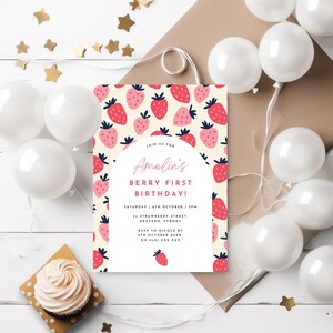 Berry First Strawberry Invitation, 1st Birthday Invite, Children&#39;s Party, Editable Template Canva, Instant Download Printable