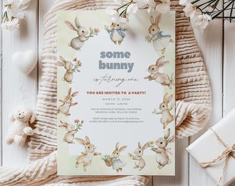 Some Bunny Is Turning One Birthday Invitation, Children's Party Cute Bunny Invite, Editable Template Canva, Instant Download Printable