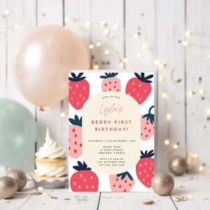 Berry First Strawberry Invitation, 1st Birthday Invite, Children&#39;s Party, Editable Template Canva, Instant Download Printable