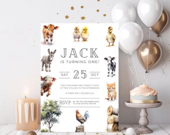 Farm Animals Birthday Invitation, Children's Farm Party, Editable Birthday Template, Instant Download Printable, Digital Template