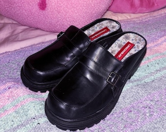 Y2K Unionbay Black Chunky Platform Mule Loafers Size 6.5 Buckle Lug Sole