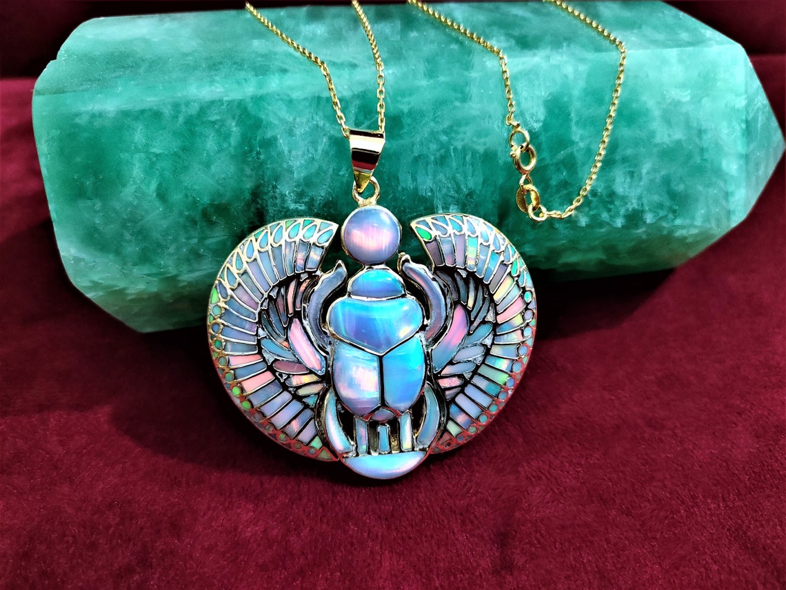 Gold Opal Winged Scarab Necklace Real Gold Scarab Pendant Etsy