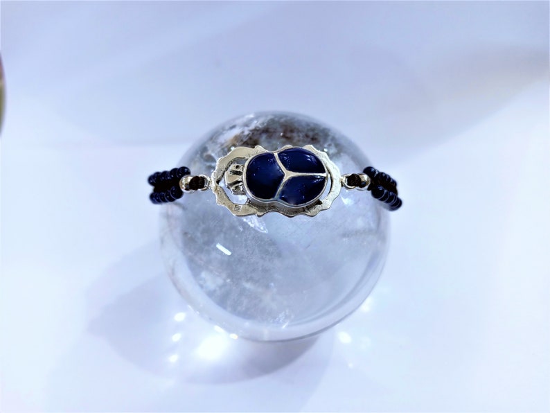 Lapis Lazuli Scarab Bracelet Scarab Jewelry Adjustable Sterling Silver Lapis Inlay Beads Bracelet