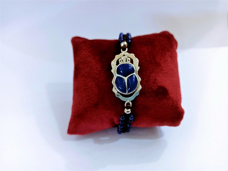 Lapis Lazuli Scarab Bracelet Scarab Jewelry Adjustable Sterling Silver Lapis Inlay Beads Bracelet