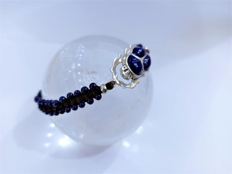 Lapis Lazuli Scarab Bracelet Scarab Jewelry Adjustable Sterling Silver Lapis Inlay Beads Bracelet