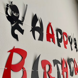 Ninja Martial Arts Happy Birthday Banner| red & black happy birthday bunting banner | Samurai Party| Ninja Birthday Party Banner.