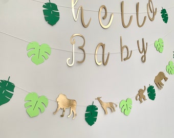 Guirnalda de animales y hojas con temática de safari en la jungla para baby shower