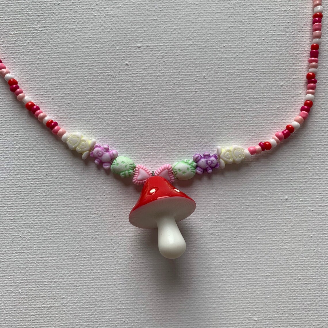 Mushroom charm beaded necklace | Etsy