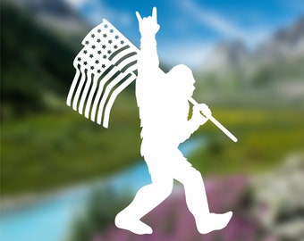 Big Foot With American Flag, Sasquatch Vinyl Decal Sticker, Military, USA, Adventure, Nature, Forest Decal, Truck, Jeep, Laptop, Cup, ATV