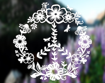 Vinilo adhesivo con el símbolo de la paz floral: pegatina estilo boho para coche, portátil o ventana.