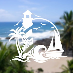 BEACH Lighthouse Sailboat Palm Trees Vinyl Decal, Ocean Sticker, Nature, for Laptop, Golf Cart, Truck, Car, Cup, Tumbler, Table, Window