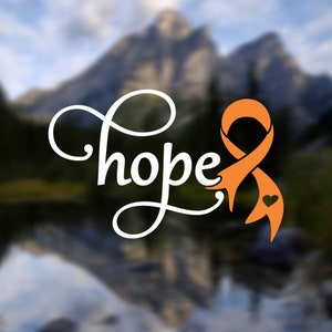 May include: Orange ribbon with a small heart in the center, tied in a loop, with the word "hope" written in white cursive script.