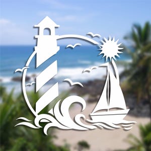 BEACH Lighthouse Sailboat SUNSET Vinyl Decal Sticker, Ocean Car Sticker, Adventure Decal, Nature Decal, Beach Decal, Laptop, Palm Trees,