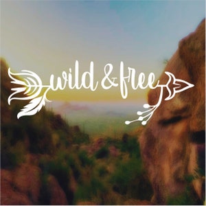 May include: A white arrow with a feather design and the text "wild & free" superimposed on a blurred background of a desert landscape with mountains and cacti.