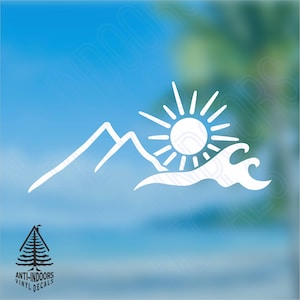 Beach Waves and Mountain Sun, Sunset Vinyl Decal Sticker, Ocean or Lake, Outdoor Adventure, Nature, Laptop, Golf Cart, Mug, Car, ATV etc.