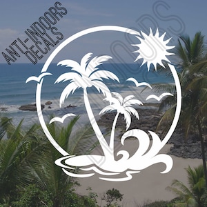 Palm Trees with Beach SUNSET Vinyl Decal Sticker, Adventure, Nature, Beach Decal for Laptop, Golf Cart,  Cup Mug, Car, etc.