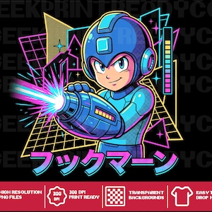 Puede incluir: Una ilustración digital de un personaje robot azul con casco que dispara un rayo de energía brillante desde un cañón en el brazo. El fondo presenta formas geométricas de neón y líneas de cuadrícula con el texto japonés フックマーン en rosa.