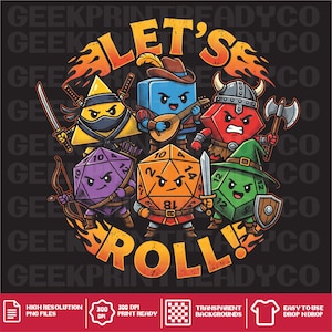 Puede incluir: Una ilustración gráfica que presenta cinco dados poliédricos antropomórficos con atuendos de fantasía, incluyendo un ninja, bardo, guerrero, arquero y mago. El texto LET'S ROLL aparece en letras naranjas rodeadas por llamas.