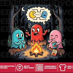 Puede incluir: Una ilustración gráfica de tres fantasmas sentados alrededor de una fogata en un bosque. Un fantasma azul se ve preocupado, uno rojo parece enojado y uno rosa come bocadillos de una bolsa con la etiqueta Ghost Snacks. Una burbuja de pensamiento muestra a un personaje amarillo persiguiendo a un fantasma azul.
