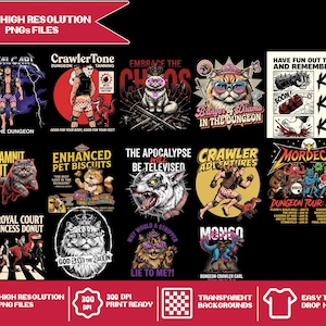 Puede incluir: Una colección de trece diseños gráficos que presentan diversas ilustraciones, incluyendo gatos, personajes de fantasía y elementos de texto como MetalCarl, CrawlerTone y Mordecai Dungeon Tour sobre un fondo negro.